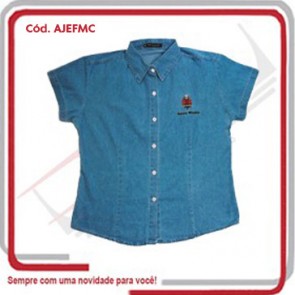 Camisa Social Jeans Estonado Feminina Manga Curta