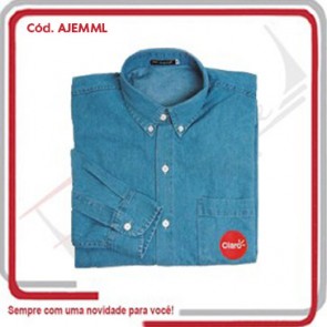 Camisa Social Jeans Estonado Masculina Manga Longa